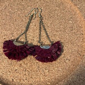 Cranberry colored crinkled fan gold earrings. Holiday look ready!